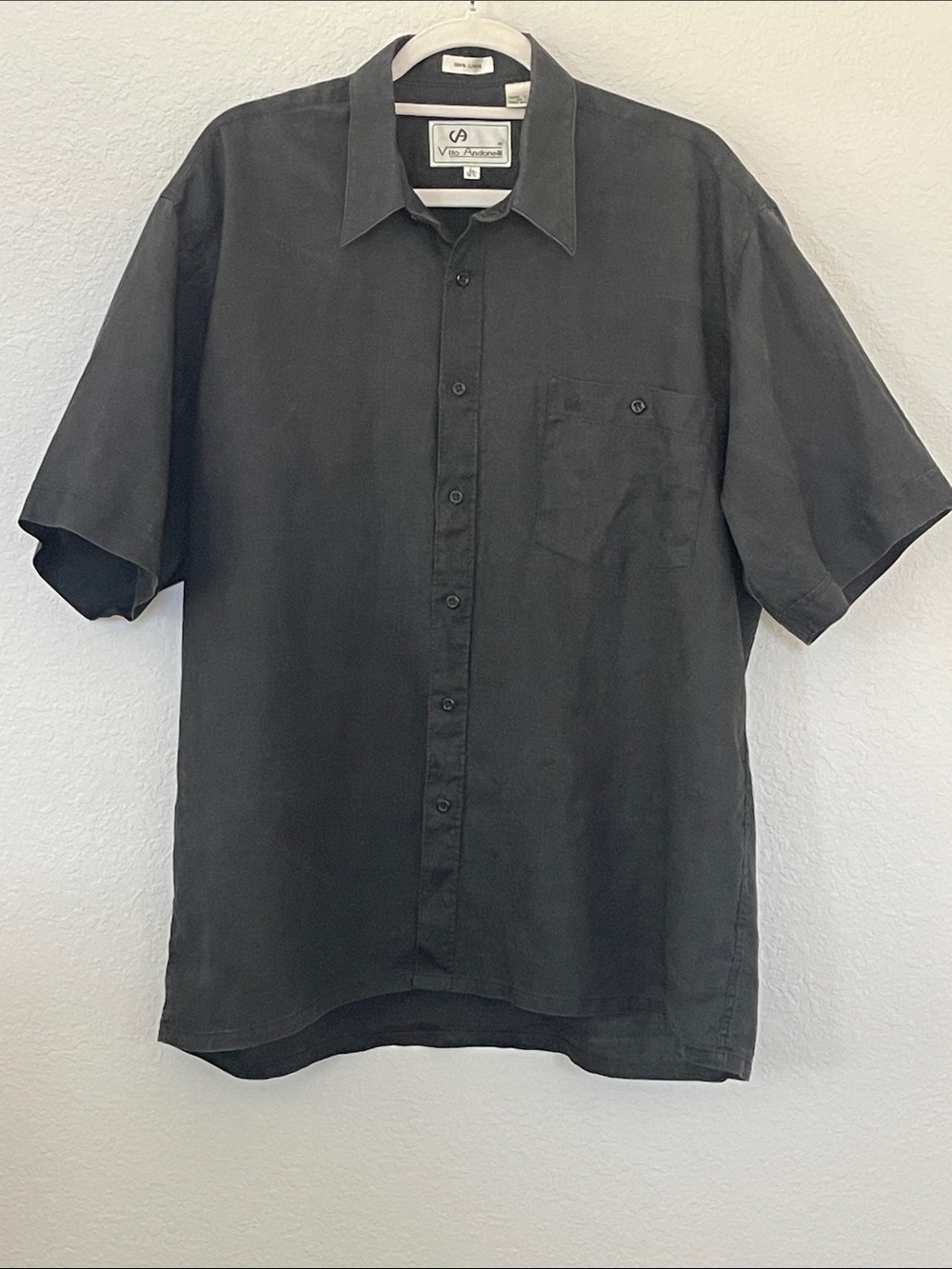 Vito Andonelli Men’s L 16.5 Black 100% Linen Short Sleeve Button Up Shirt